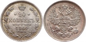 Russia 20 Kopeks 1864 СПБ НФ
Bit# 210; Silver 4,0g.; UNC