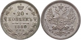 Russia 20 Kopeks 1880 СПБ НФ
Bit# 233; Silver 3,8g.; UNC