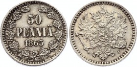 Russia - Finland 50 Pennia 1865 S
Bit# 633; Silver 2.63g; UNC with few minor hairlines