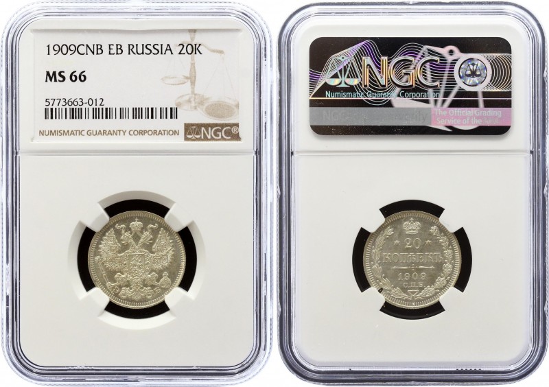 Russia 20 Kopeks 1909 СПБ ЭБ NGC MS66
Bit# 109; Silver, UNC. Rare coin in this ...