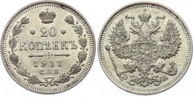 Russia 20 Kopeks 1911 СПБ ЭБ
Bit# 111; Conros# 146/86; Silver