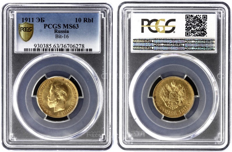 Russia 10 Roubles 1911 ЭБ PCGS MS 63
Bit# 16; Gold (.900) 9.6g 22.5mm; Mintage ...