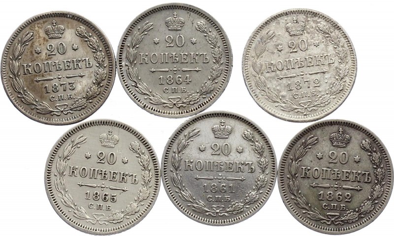 Russia Lot of Alexander II Silver 20 Kopeks 1861 - 1872
6 Coins, Silver, VF-XF....