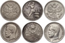 Russia Lot of 50 Kopeks 1896 - 1925
50K 1896*, 50K 1899 FZ, USSR Poltinnik 1925. Silver, VF.