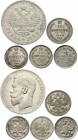 Russia Lot of 5 Coins 1899 - 1914
10 15 Kopeks & 1 Rouble 1899 - 1914; Silver
