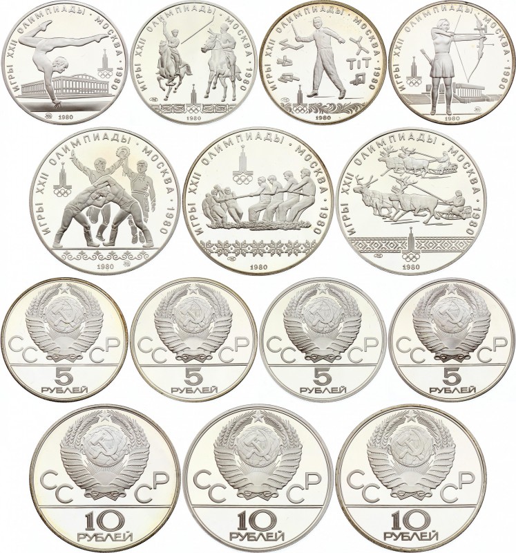 Russia - USSR Set of 7 Olympic Coins 1980
(x4) 5 & (x3) 10 Roubles 1980; Silver...