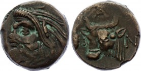 Ancient World Ancient Greece - Pantikapaion - AE 284 - 285 B.C.
Obv. Head of old Satyr left. Rev. Head of bull. PAN. Anokhin (1986) #132