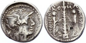 Ancient World Rome, Republic Denarius 134 B.C.
Ti. Minucius C. f. Augurinus AR Denarius. Rome, 134 BC. Helmeted head of Roma right; mark of value beh...