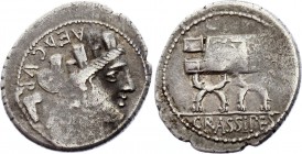 Ancient World Rome, Republic Denarius 84 B.C.
Roman Republic, P. Fourius Crassipes. Silver Denarius, mint of Rome, 84 BC Obverse: AED·CVR, turreted h...