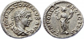 Ancient World Roman Empire Elagabalus AR Denarius 218 - 222 A.D.
Denarius Obv: IMPANTONINVSAVG - Laureate, draped bust right. Rev: TEMPORVMFELICITAS ...