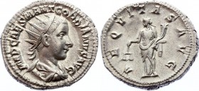 Ancient World Roman Empire Gordian III AR Antoninianus Rome Mint 239 - 240 A.D.
Silver 4.77g 20mm; RIC IV-3 34; Obv: IMP CAES M ANT GORDIANVS AVG. Ra...