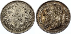 Belgium 2 Frank 1909
KM# 59; Silver; Léopold II Dutch text; Coin alignment; UNC Nice Toning