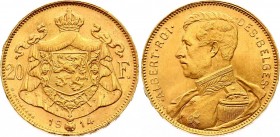 Belgium 20 Francs 1914
KM# 78; Gold (.900), 6.45g, UNC.