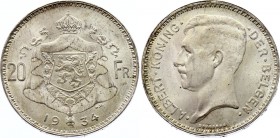 Belgium 20 Francs 1934
KM# 104; Silver; Albert I (Dutch text); UNC with Mint Luster