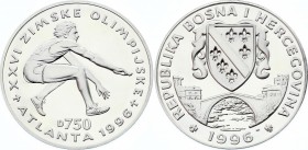 Bosnia and Herzegovina 750 Dinara 1996
KM# 56; Silver Proof; Olympics - Long Jumper