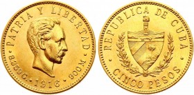 Cuba 5 Pesos 1916
KM# 19; Gold (.900), 8.35g. AUNC.