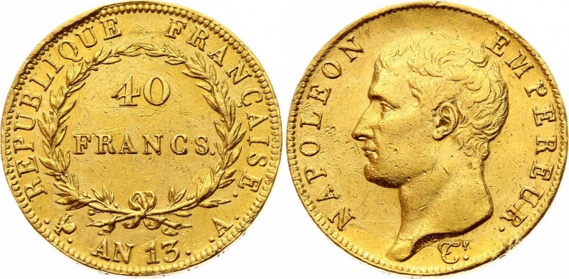 France 40 Francs 1804 AN 13 A
KM# 664.1; Napoleon I, 1804-1814. Gold (.900), 12...