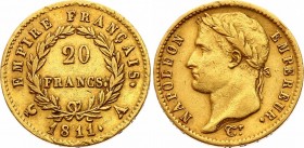 France 20 Francs 1811 A
KM# 695.1; Napoleon I, 1804-1814. Gold (.900), 6.45g. XF.