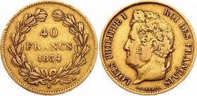 France 40 Francs 1834 A
KM# 747; Louis Philippe I (1830-1848). Gold (.900), 12.9g. VF.