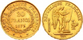 France 20 Francs 1877 A
KM# 825; Gold (.900), 6.45g. AUNC, mint luster.