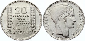 France 20 Francs 1938
KM# 879; Silver; UNC Full Mint Luster