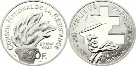 France 100 Francs 1993
KM# 1023; Silver Proof; 50th Anniversary of the National Resistance Movement - Jean Moulin
