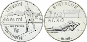 France 1-1/2 Euro 2005
KM# 1423; Silver Proof; Olympic Winter Games in Turin in 2006; With Original Box