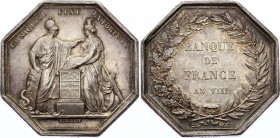 France Medal / Jeton "Bank of France An VIII" 1800
Silver 24.83g 36mm; Obverse: LA SAGESSE/ FIXE/ LA FORTUNE., Reverse: BANQUE DE FRANCE AN VIII.; Be...