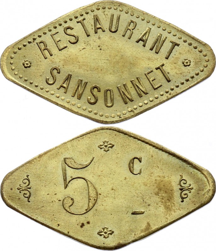 France Jeton "Restaurant Sansonnet 5 Centimes"
6.49g 26x44mm