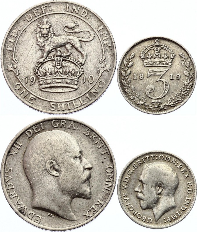 Great Britain Lot of 2 Coins 1910 - 1919
3 Pence 1919 & 1 Shilling 1910; Silver