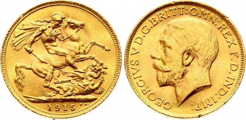 Great Britain 1 Sovereign 1915
KM# 820; Gold (.917) 7.99g 22mm; George V; UNC