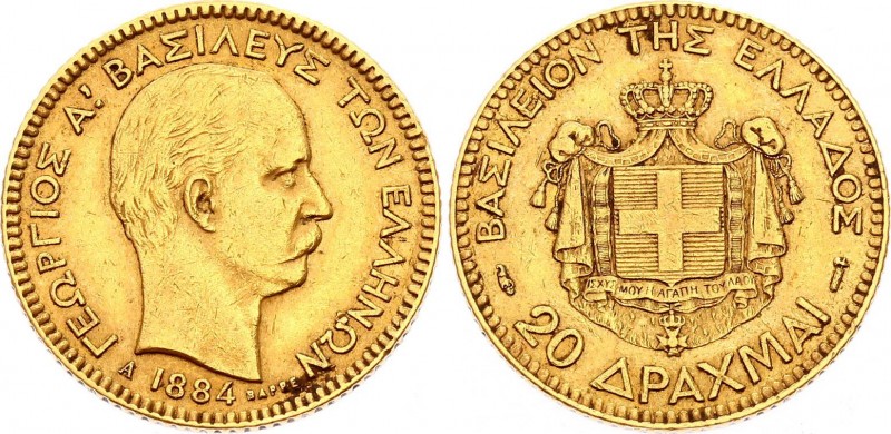 Greece 20 Drachmai 1884 A
KM# 56; George I (1863-1913). Gold, 6.45g. XF.