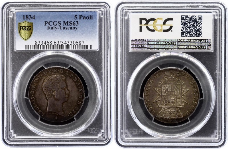 Italian States Tuscany 5 Paoli 1834 T PCGS MS63 RRR
Leopold II Toscana 5 Paoli ...