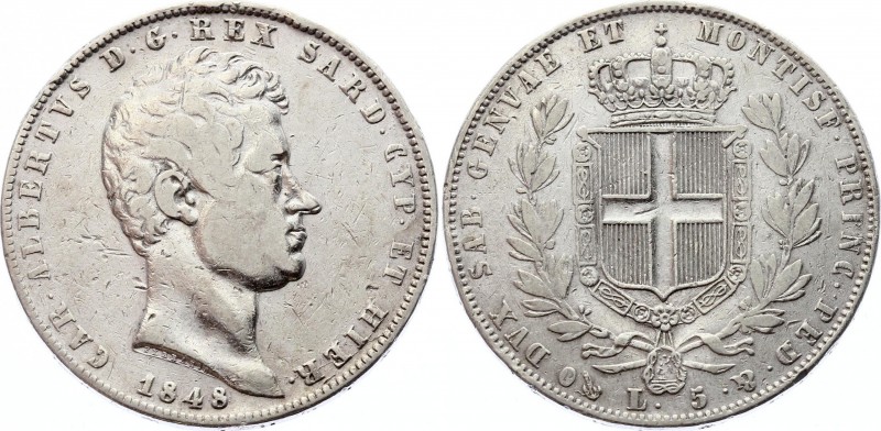 Italian States Sardinia 5 Lire 1848
KM# 130.2; Silver