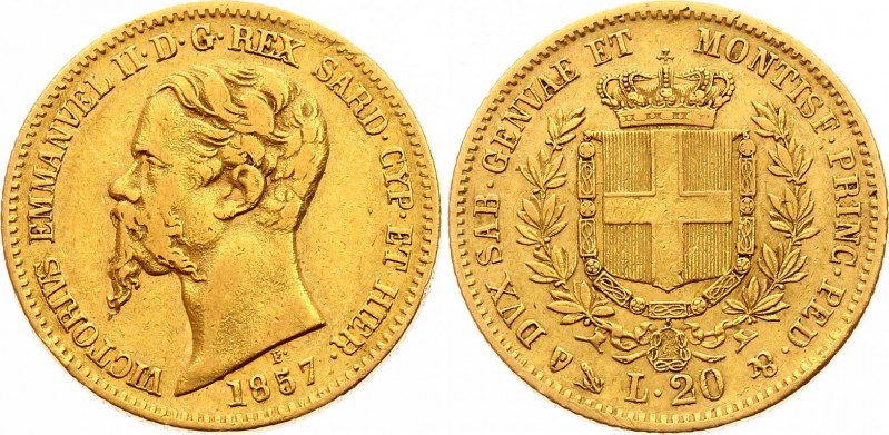 Italian States Sardinia 20 Lire 1857 P
KM# 146.2; Gold (.900), 6.45g. Mintage 5...