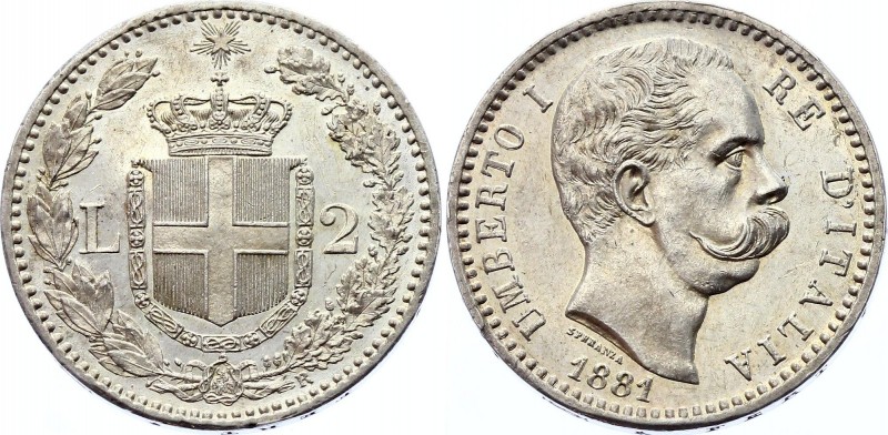 Italy 2 Lire 1881 R
KM# 23; Silver, UNC, prooflike mint luster.