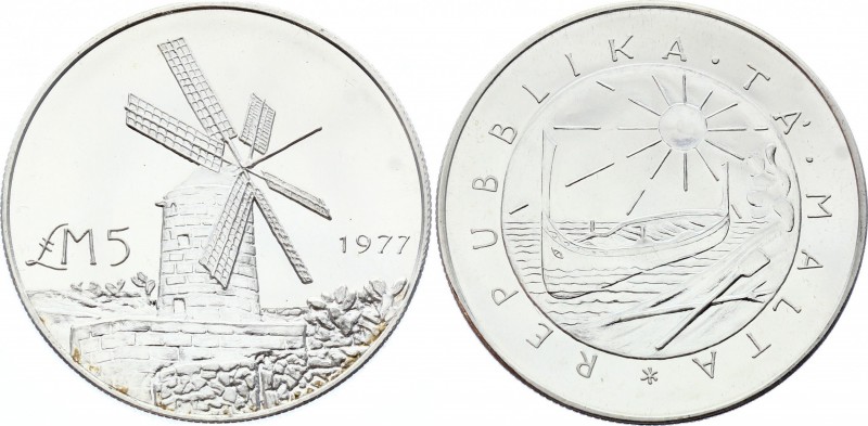 Malta 5 Pounds 1977
KM# 47; Silver Proof; Windmill on Malta; Mint. 3,938; Krauz...