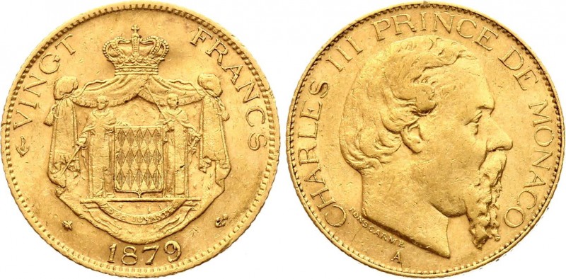 Monaco 20 Francs 1879 A
KM# 98; Charles III. Gold (.900), 6.45g. Mintage 50000....