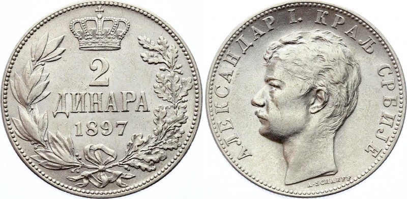 Serbia 2 Dinara 1897
KM# 22; Silver; Alexander I