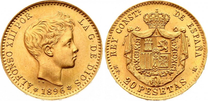 Spain 20 Pesetas 1896 MPM
KM# 709; Gold (.900), 6.45g. UNC.