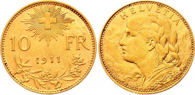 Switzerland 10 Francs 1911 B
KM# 36; Gold (.900) 3.23g 19mm; Mintage 100,000; K...