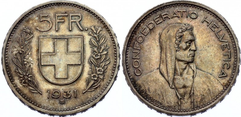 Switzerland 5 Francs 1931 B
KM# 40; Silver; UNC- Nice Toning