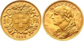 Switzerland 20 Francs 1935 LB
KM# 35; Gold (.900) 6.45g 21mm; UNC