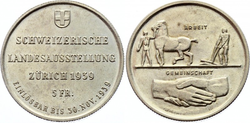 Switzerland 5 Francs 1939
KM# 43; Silver 15g; Zurich Exposition; Obv. UNC Rev. ...