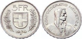 Switzerland 5 Francs 1939 B
KM# 40; Silver; UNC with tiny scratches