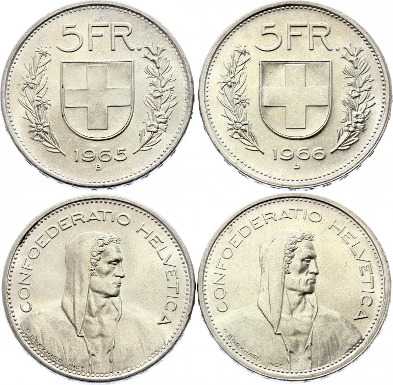 Switzerland Lot of 2 Coins 5 Francs 1965 - 1966 B
Silver; KM# 40; UNC