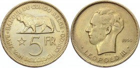 Belgian Congo 5 Francs 1936
KM# 24; XF-AU. Rare coin in this grade. Not common date!