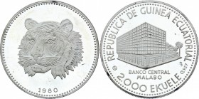 Equatorial Guinea 2000 Ekuele 1980 Tiger
KM# 57; Silver 31,00g.; Mintage 1000 Pieces.