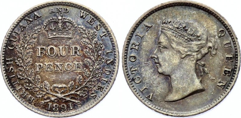 Guyana 4 Pence 1891
KM# 26; Silver; Victoria; XF+ With Amazing Toning