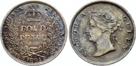 Guyana 4 Pence 1891
KM# 26; Silver; Victoria; XF+ With Amazing Toning